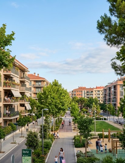 Vistas de las calles, bloques de pisos modernos, zonas de parques y el entorno residencial de Campreciós y Torre-roja en Viladecans